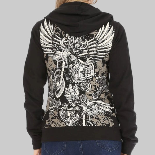 Black hoodie with intricate white design on the back, worn by a person against a gray background