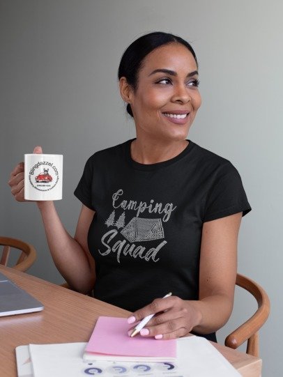 Blingdazzel “Camping Squad” Rhinestone T-Shirt – Sparkle Tent Graphic Tee for Women | Funny Camping Shirt Black