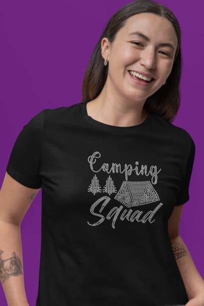 Blingdazzel “Camping Squad” Rhinestone T-Shirt – Sparkle Tent Graphic Tee for Women | Funny Camping Shirt Black