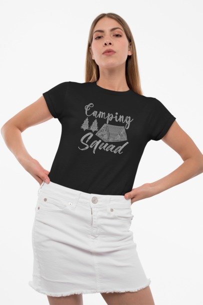 Blingdazzel “Camping Squad” Rhinestone T-Shirt – Sparkle Tent Graphic Tee for Women | Funny Camping Shirt Black