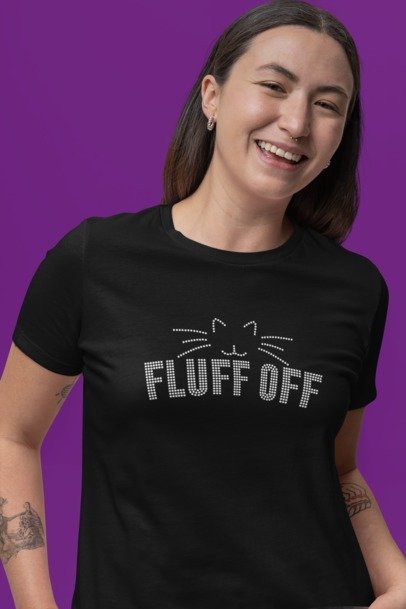 Blingdazzel “Fluff Off” Rhinestone Cat T-Shirt – Sparkle Funny Cat Lover Shirt for Women | Black Bling Tee