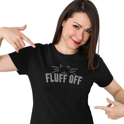 Blingdazzel “Fluff Off” Rhinestone Cat T-Shirt – Sparkle Funny Cat Lover Shirt for Women | Black Bling Tee