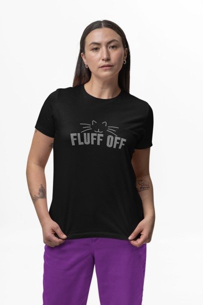 Blingdazzel “Fluff Off” Rhinestone Cat T-Shirt – Sparkle Funny Cat Lover Shirt for Women | Black Bling Tee