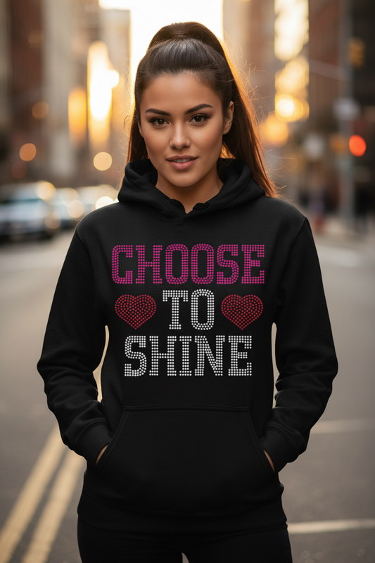 Black rhinestone hoodie with 'CHOOSE TO SHINE' text and heart sparkles