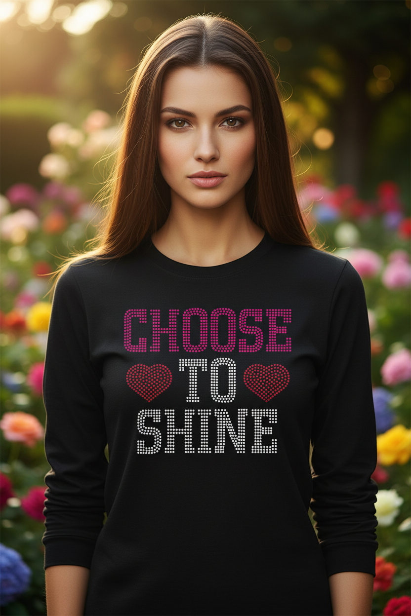 Black long-sleeve shirt with rhinestone 'CHOOSE TO SHINE' hearts graphic
