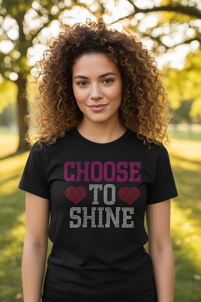 Black rhinestone T-shirt with 'CHOOSE TO SHINE' text and heart sparkles