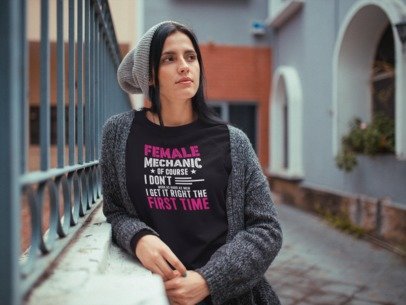 Black hoodie with “Female Mechanic” text graphic on the front