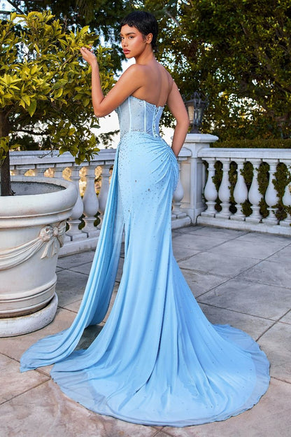 FITTED STRAPLESS STRETCH NET RHINESTONE SCATTERED DRESS LT BLUE