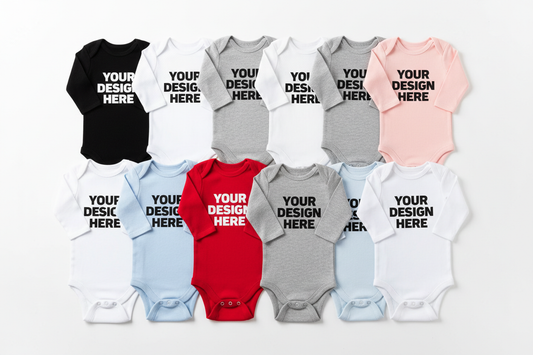 Long sleeve baby bodysuits with 'YOUR DESIGN HERE' print, black white gray red pink blue