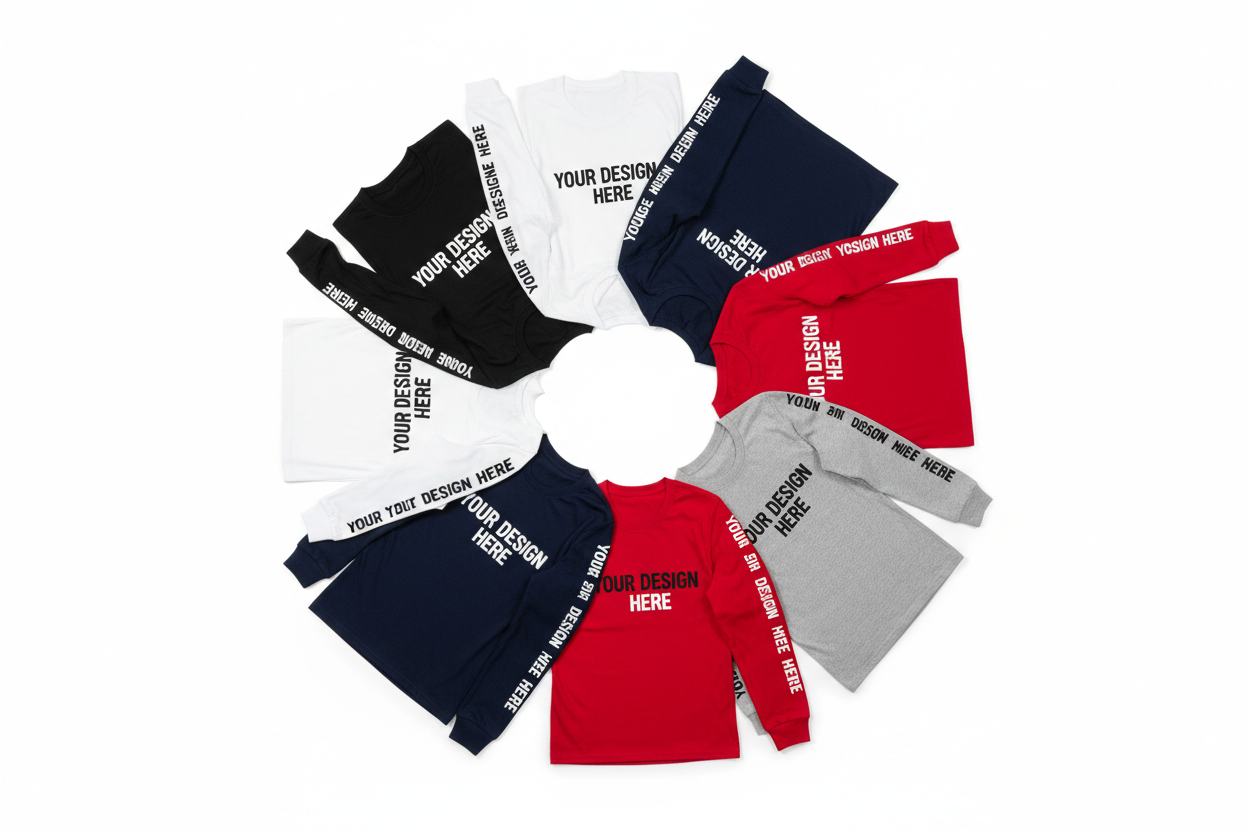 Custom Logo Bulk Order 10+ Long Sleeve T-shirt – 4" Front & 11" Back and Sleeve Image