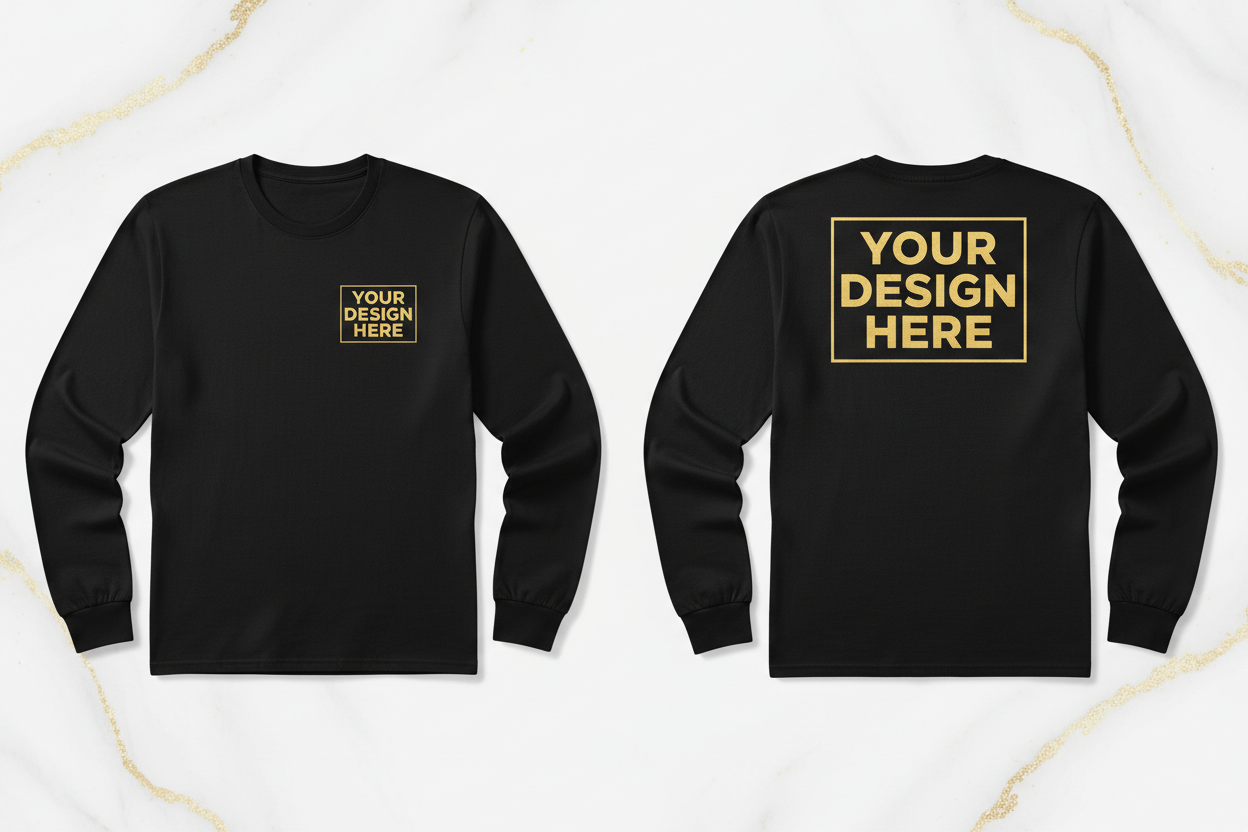 Black long sleeve T-shirt with small chest logo and large back logo