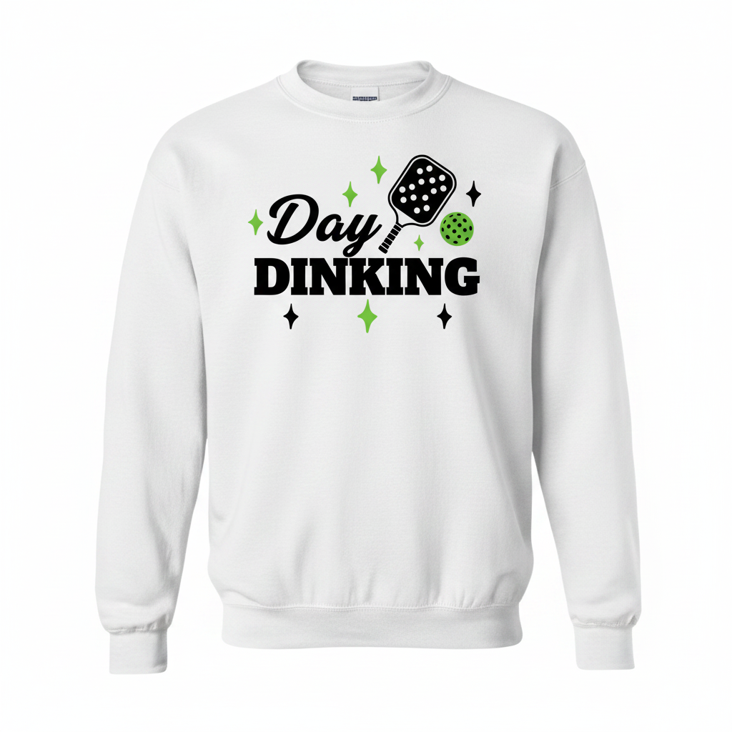 White crewneck sweatshirt with 'Day Dinking' pickleball paddle graphic