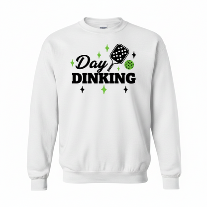 White crewneck sweatshirt with 'Day Dinking' pickleball paddle graphic