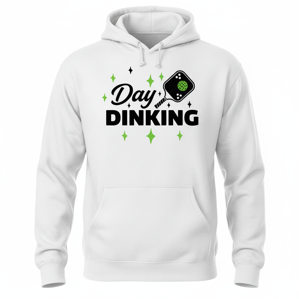White hoodie with front pocket and 'Day Dinking' pickleball paddle graphic