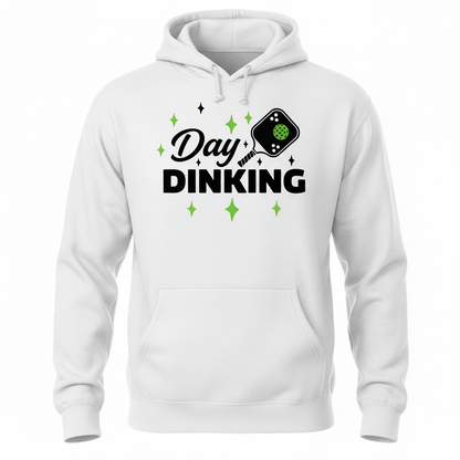 White hoodie with front pocket and 'Day Dinking' pickleball paddle graphic