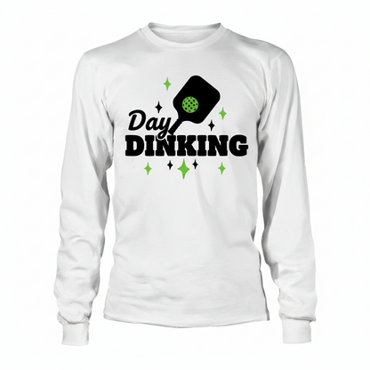 White long-sleeve shirt with 'Day Dinking' pickleball paddle graphic