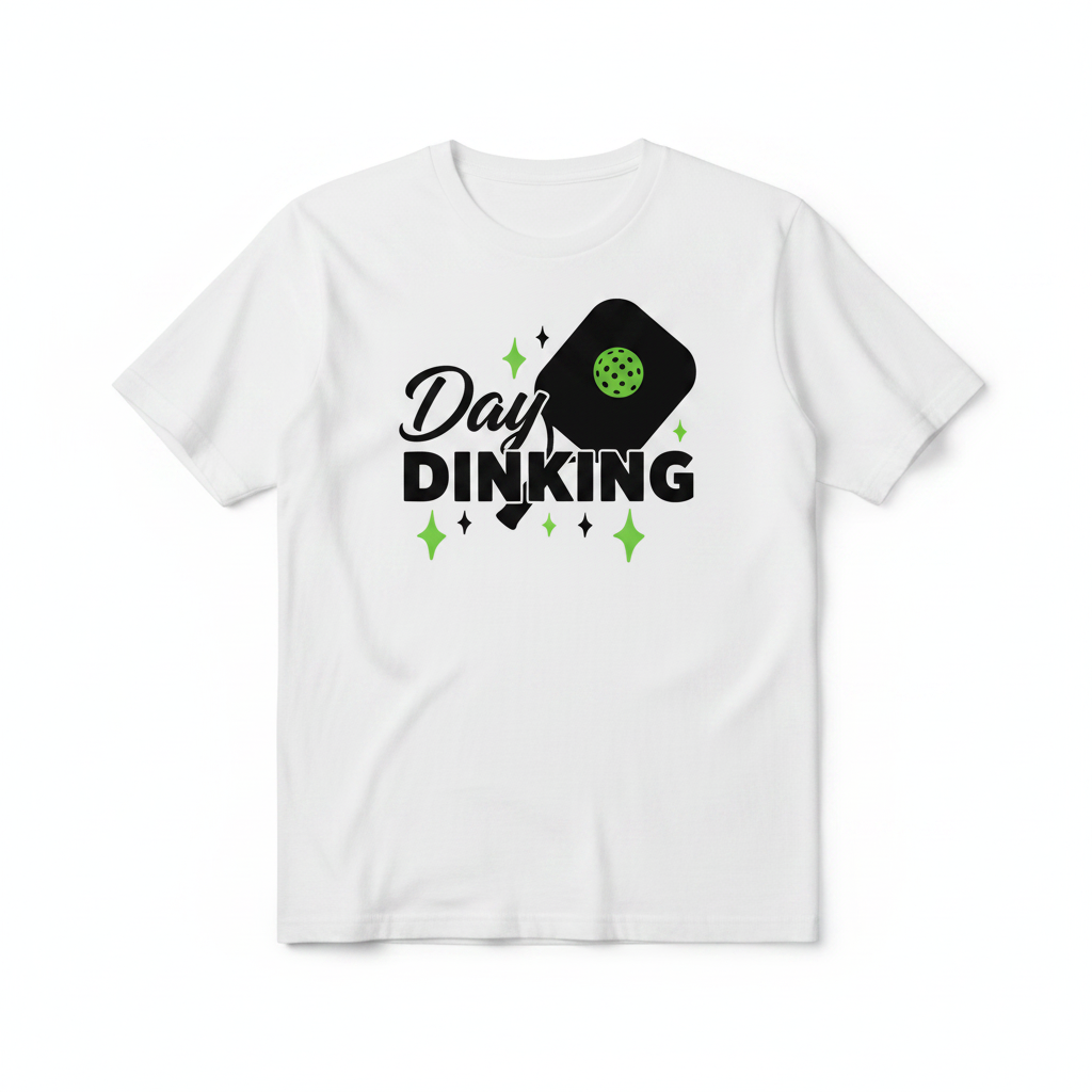 White short-sleeve T-shirt with 'Day Dinking' pickleball paddle graphic