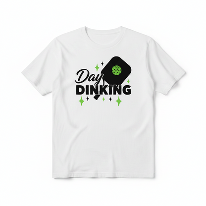 White short-sleeve T-shirt with 'Day Dinking' pickleball paddle graphic