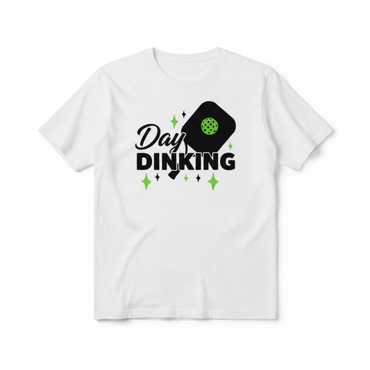 White short-sleeve T-shirt with 'Day Dinking' pickleball paddle graphic