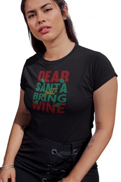 Dear Santa Just Bring Wine Rhinestone Christmas T-Shirt