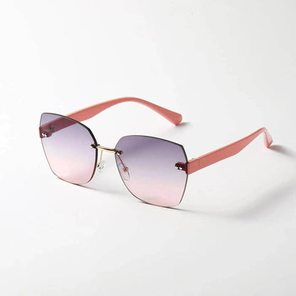 Women's sunglasses with coral-pink frame and purple tinted lenses