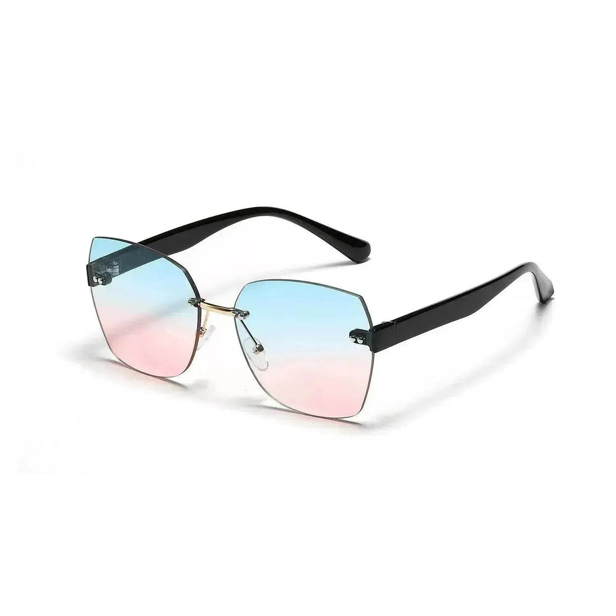 Women's sunglasses with black frame, blue lenses, and pink lower tint