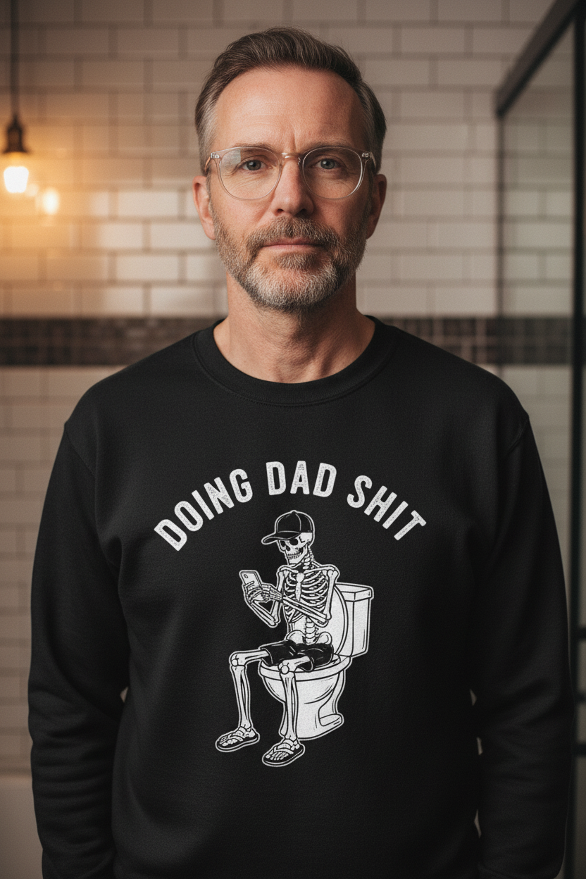 Black crew-neck graphic tee with skeleton toilet 'Doing Dad Sh*t' chest print