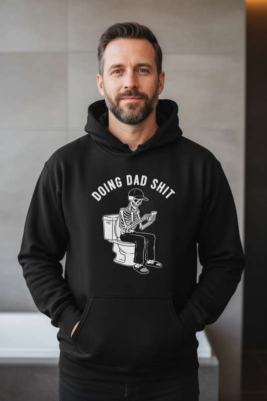 Black hoodie with skeleton toilet 'Doing Dad Sh*t' chest graphic