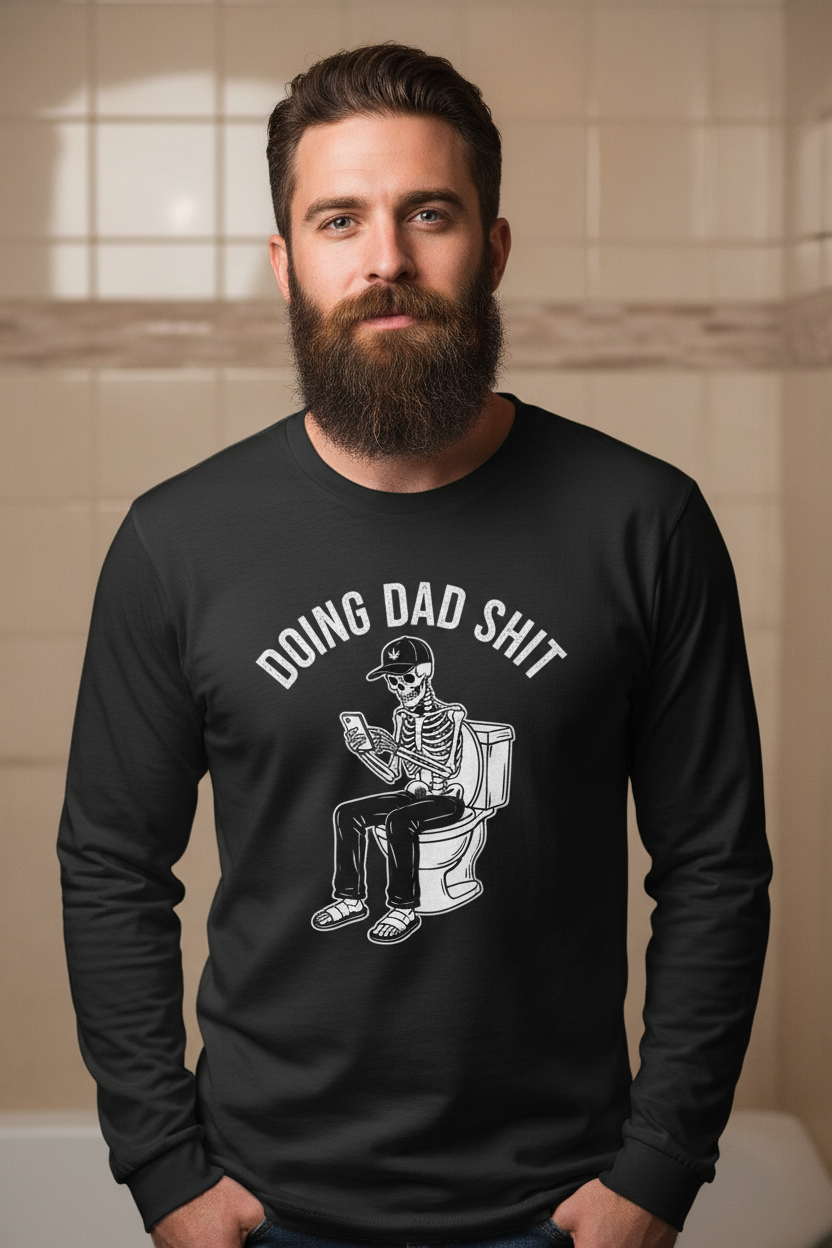 Black long-sleeve graphic tee with skeleton toilet 'Doing Dad Sh*t' print