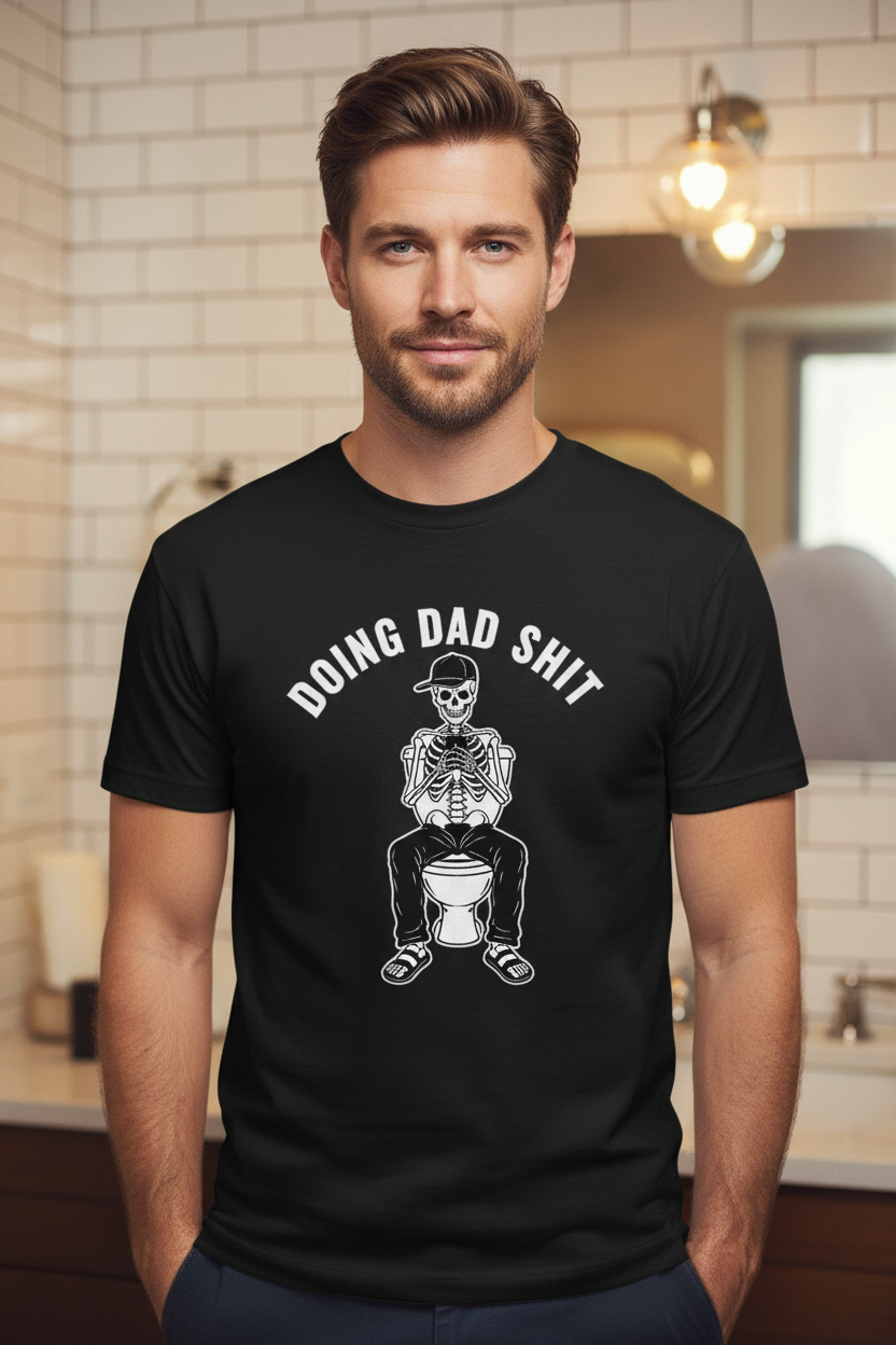 Black crew-neck graphic tee with skeleton toilet 'Doing Dad Sh*t' print