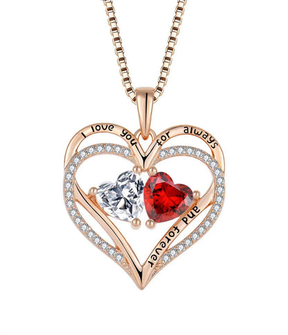 Double heart rhinestone pendant necklace with red center stone, clear gem, link chain