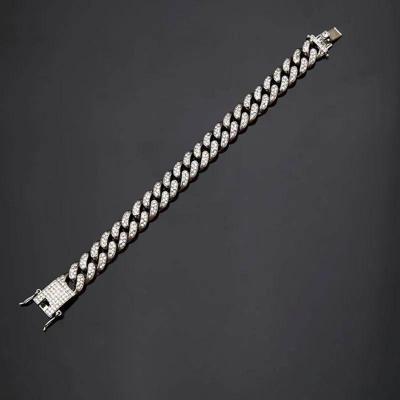 Silver diamond Cuban link chain bracelet, side view with square clasp