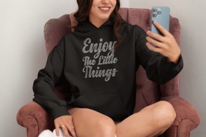 Black rhinestone slogan sweatshirt, relaxed fit, long sleeves