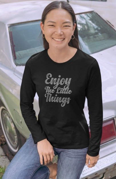 Enjoy the Little Things Rhinestone T-Shirt – Inspirational Sparkle Tee | Blingdazzel Rhinestone Apparel Long Sleeve T-shirt Black