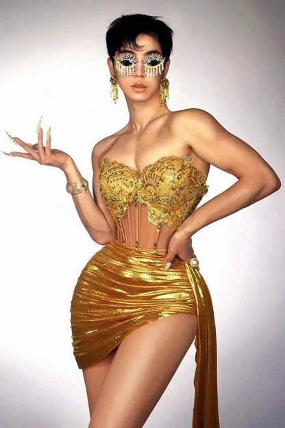 Strapless Tassle  Corset dress Women's Tube Top Rhinestone Chain Skirt Outfit for Evening party Cocktail event
