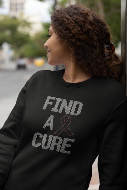 Find a Cure Breast Cancer Rhinestone Shirt – Pink Ribbon Sparkle Bling Tee | Bling Dazzel CREW NECK SWEATER