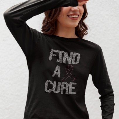 Find a Cure Breast Cancer Rhinestone Shirt – Pink Ribbon Sparkle Bling Tee | Bling Dazzel LONG SLEEVE T-SHIRT