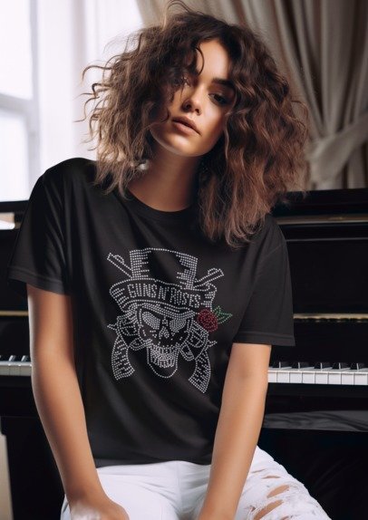 Rock Skull & Cross Pistols Rhinestone T-Shirt – Rebel Music Sparkle Tee | Blingdazzel Apparel T-shirt Black