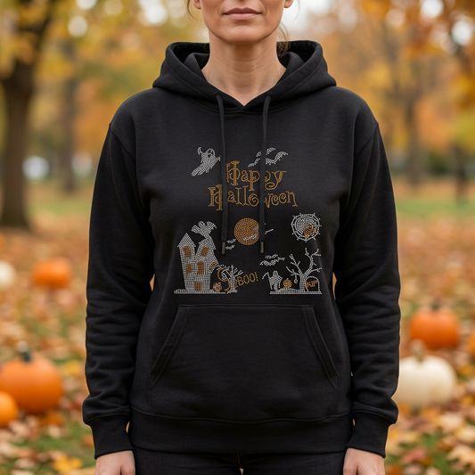 Black hoodie rhinestone Happy Halloween graphic