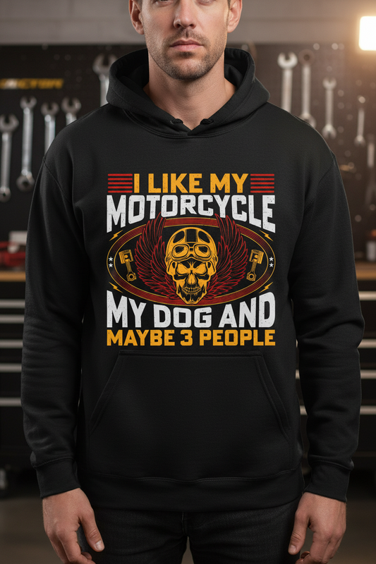 Black hoodie with motorcycle skull graphic and "My Dog and Maybe 3 People" lettering