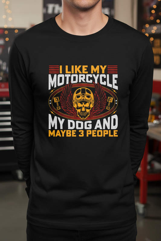 Black crewneck shirt with motorcycle skull graphic and "My Dog and Maybe 3 People" text