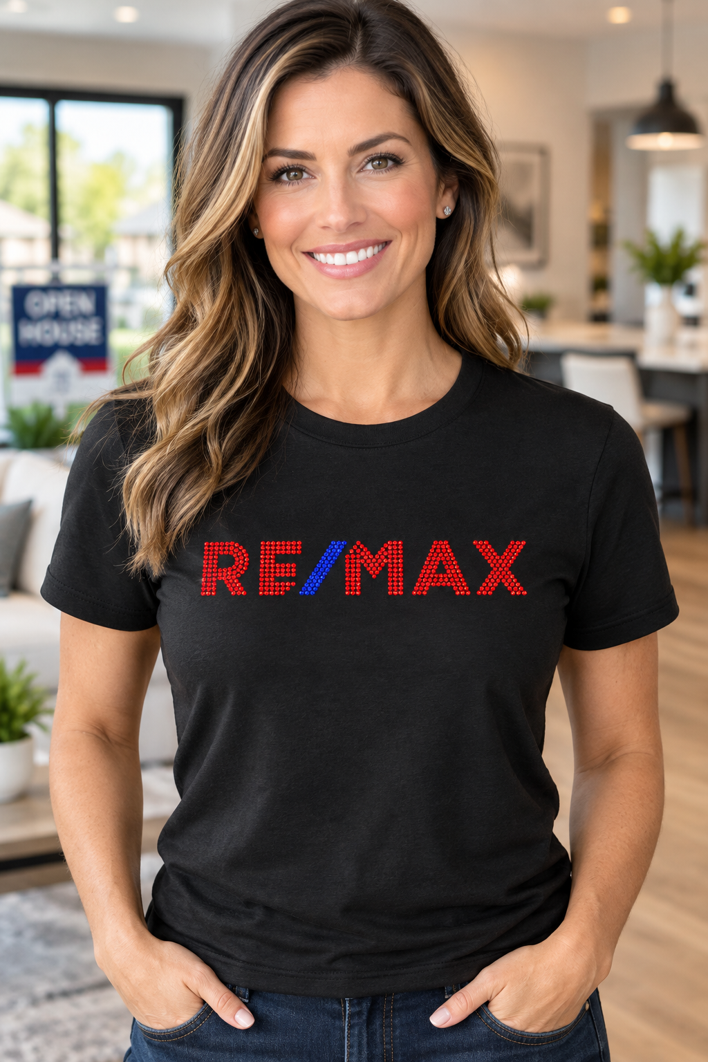 Black RE/MAX rhinestone T-shirt with red stones and blue slash – Realtor Apparel by Blingdazzel