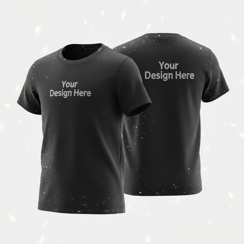 Youth black t-shirt with short sleeves, front and back custom logo design.