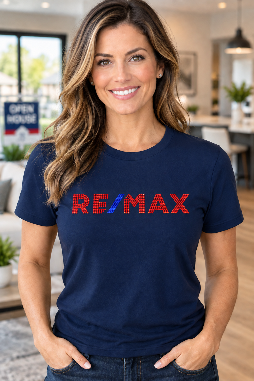 Navy blue RE/MAX rhinestone T-shirt with red stones and blue slash – Realtor Apparel by Blingdazzel