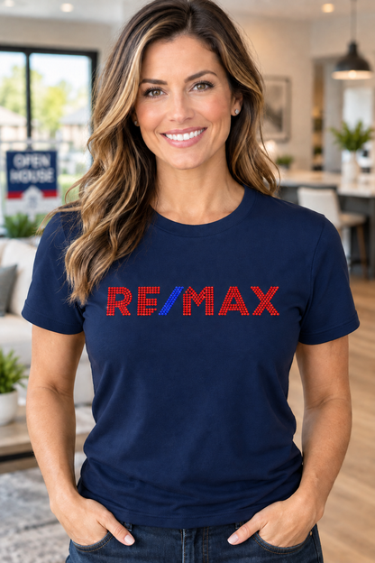Navy blue RE/MAX rhinestone T-shirt with red stones and blue slash – Realtor Apparel by Blingdazzel