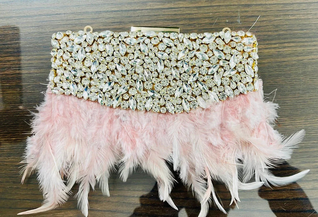 HOPE Feather Clutch with jeweled crystal top and pink feather fringe, rectangular bag
