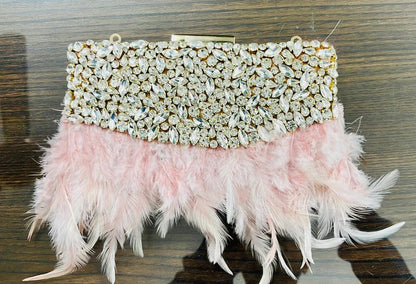 HOPE Feather Clutch with jeweled crystal top and pink feather fringe, rectangular bag