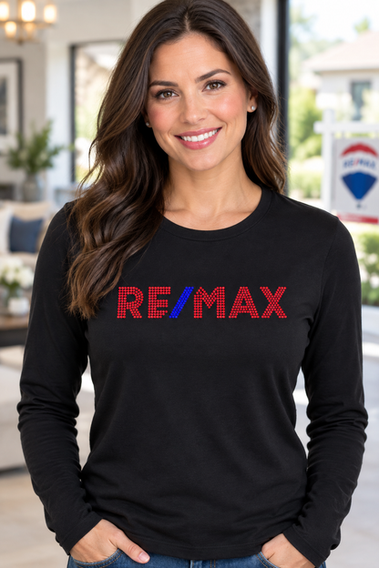 Black RE/MAX rhinestone long-sleeve shirt with red stones and blue slash – Realtor Apparel by Blingdazzel