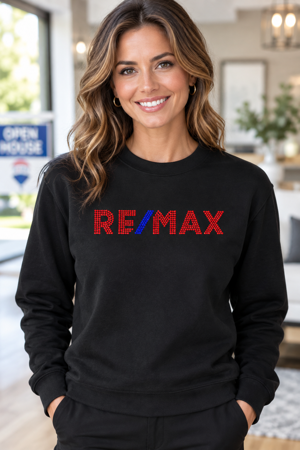 Black RE/MAX rhinestone crewneck with red stones and blue slash – Realtor Apparel by Blingdazzel