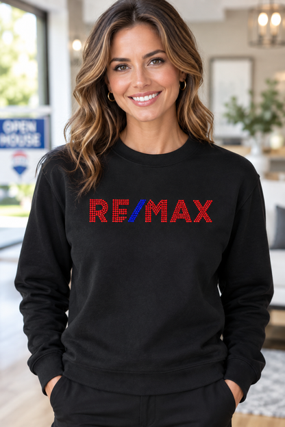Black RE/MAX rhinestone crewneck with red stones and blue slash – Realtor Apparel by Blingdazzel